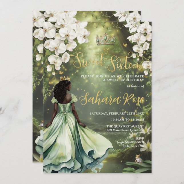 Invitation Princesse noire et grenouille Sage Vert robe douce (Devant / Derrière)