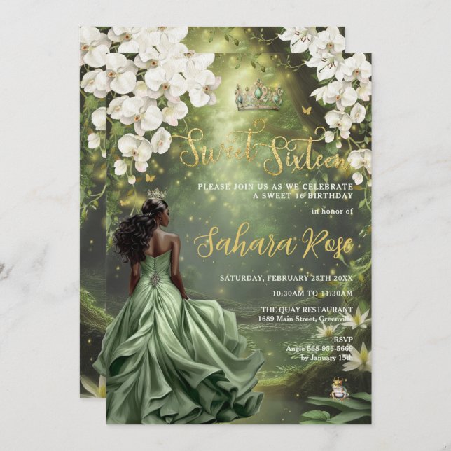 Invitation Princesse noire et grenouille Sage Vert robe douce (Devant / Derrière)