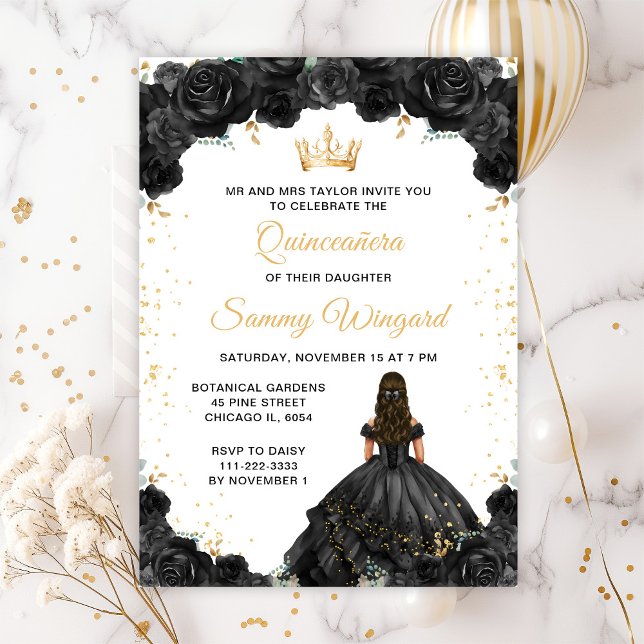 Invitation Princesse noire Fleurie Quinceañera (Créateur téléchargé)