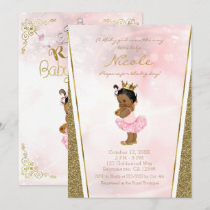 Invitation Princesse Pailletée Or Rose Vintage Bébé Fille Noi
