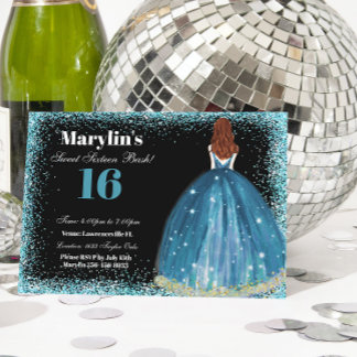 Invitation Princesse Pailletée Turquoise Enchanteresse Douce