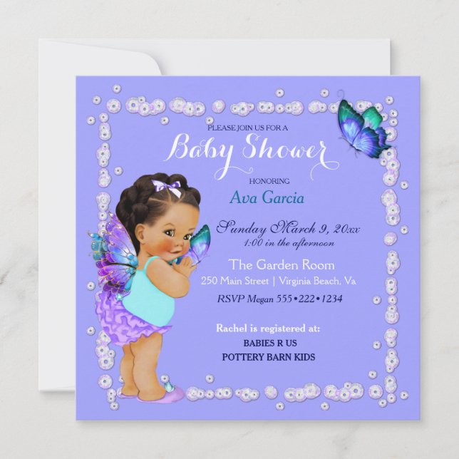 Invitation Princesse Papillon Bébé Fille Violet Turquoise Inv (Devant)