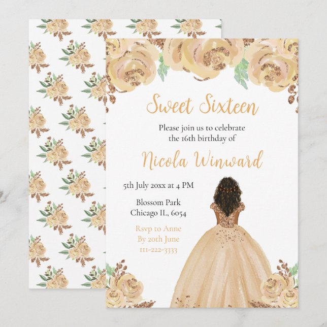 Invitation Princesse Peau foncée Pêcher Sweet sixteen Floral (Devant / Derrière)