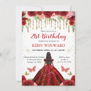 Invitation Princesse peau noire robe rouge 21e anniversaire