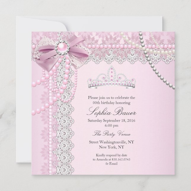 Invitation Princesse Perle Rose Arc Dentelle Fête d'anniversa (Devant)