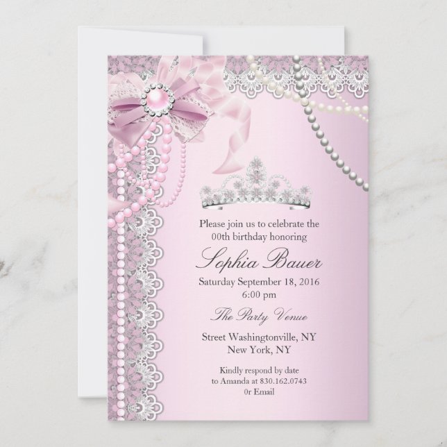 Invitation Princesse Perle Rose Arc en Dentelle Fête d'Annive (Devant)