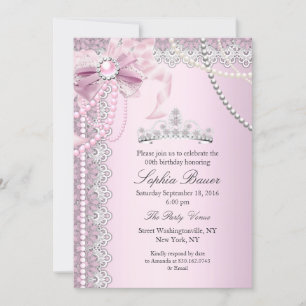 Invitation Princesse Perle Rose Arc en Dentelle Fête d'Annive