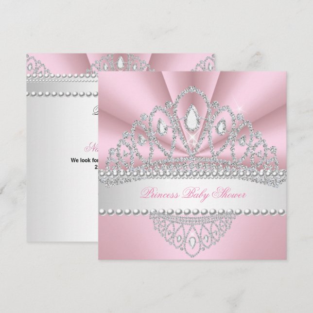 Invitation Princesse Perles Roses Diamant Diadème Baby Shower (Devant / Derrière)