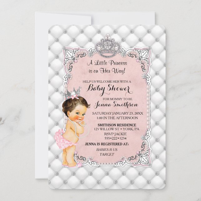 Invitation Princesse Perles Roses Diamants Bébé Fille (Devant)
