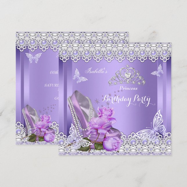 Invitation Princesse Perles Violettes Rose Talon Haut Anniver (Devant / Derrière)