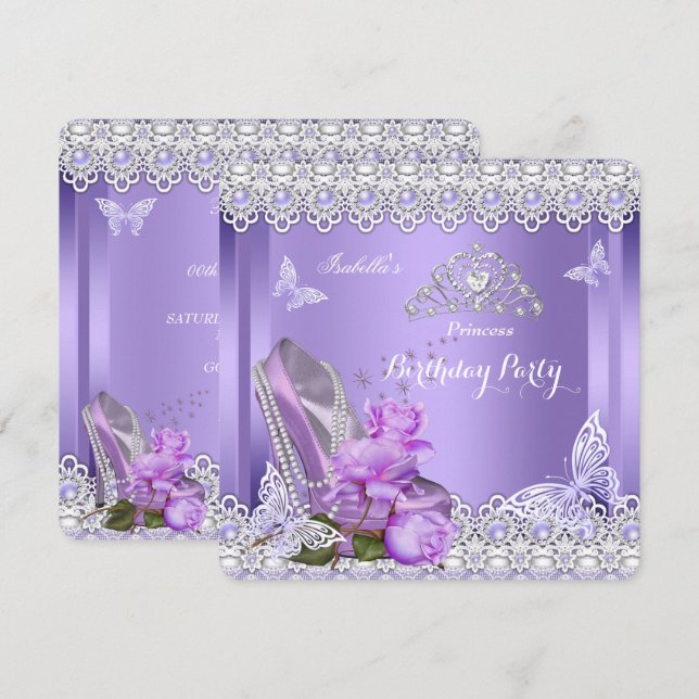 Invitation Princesse Perles Violettes Rose Talon Haut Anniver (Devant / Derrière)