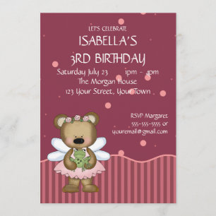 Invitation Princesse personnalisable de fée de rose d'ours de