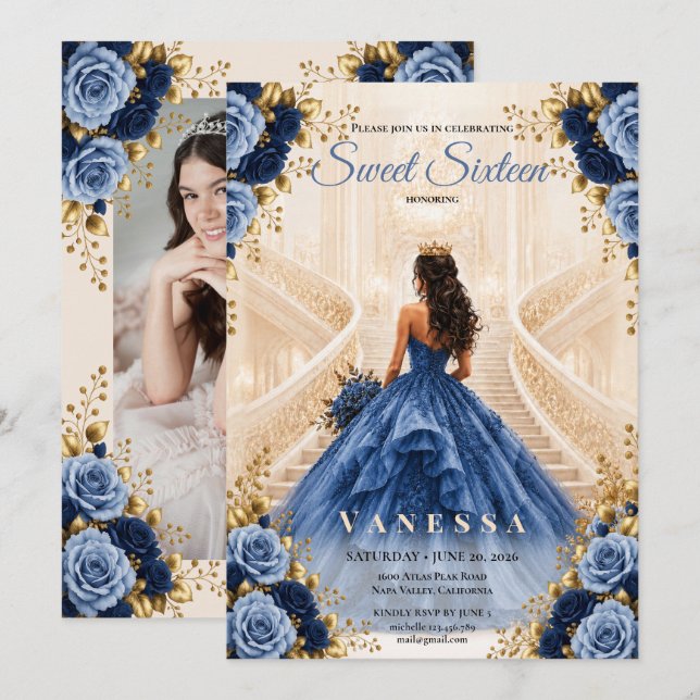 Invitation Princesse Photo Bleu Sweet 16 (Devant / Derrière)