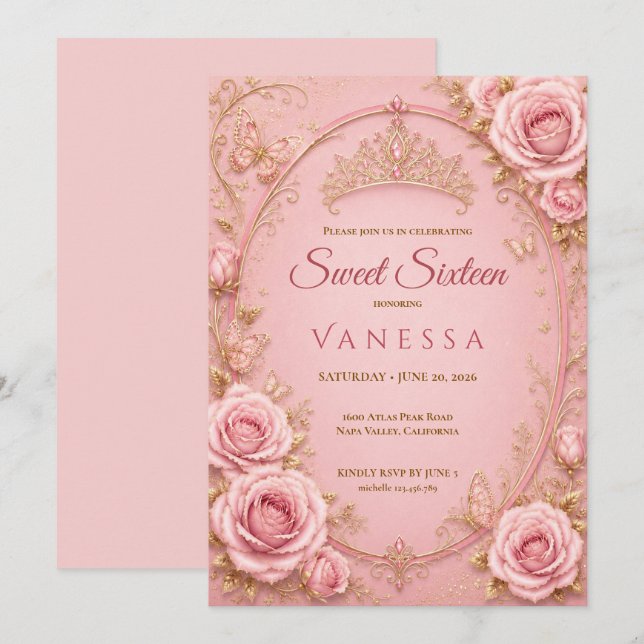 Invitation Princesse Pink 16 ans (Devant / Derrière)