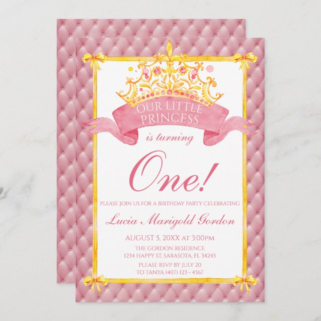 Invitation Princesse Pink Gold Crown Premier anniversaire (Devant / Derrière)