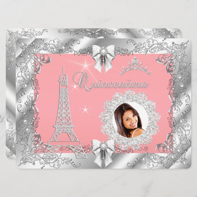 Invitation Princesse Pink PEACH Quinceanera Silver Photo BIG (Devant / Derrière)