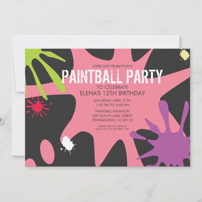 Invitation Princesse Pink Split Splat Custom Painball Party (Devant)