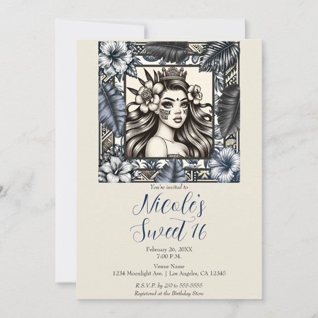 Invitation Princesse Polynésienne Fleurs Bleues Tribales Swee (Devant)