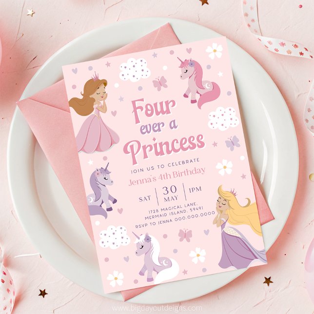 Invitation Princesse pour toujours. Quatre pour to (Princess and Unicorn Pink 4th Birthday Invitation)