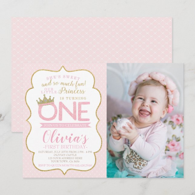 Invitation Princesse Premier anniversaire (Devant / Derrière)