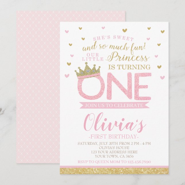 Invitation Princesse Premier anniversaire (Devant / Derrière)
