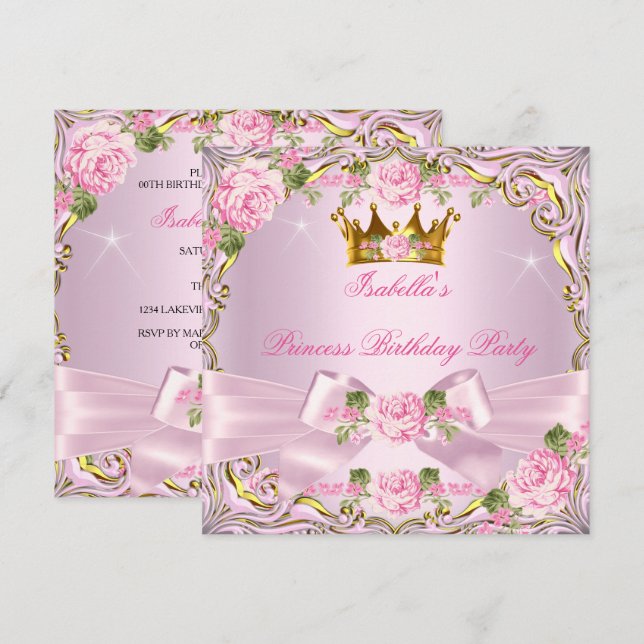 Invitation Princesse Pretty Blush Roses Rose Or Anniversaire (Devant / Derrière)