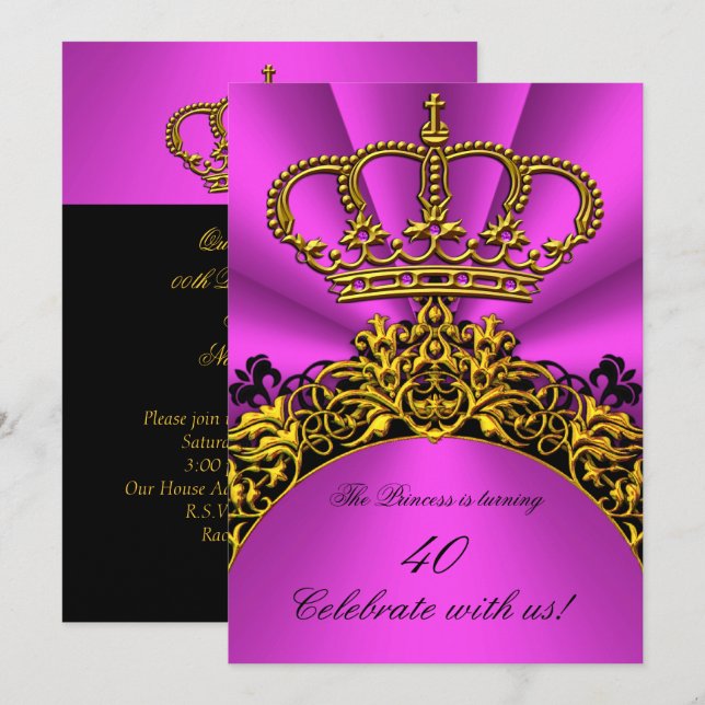 Invitation Princesse Queen Gold Hot rose fête d'anniversaire (Devant / Derrière)