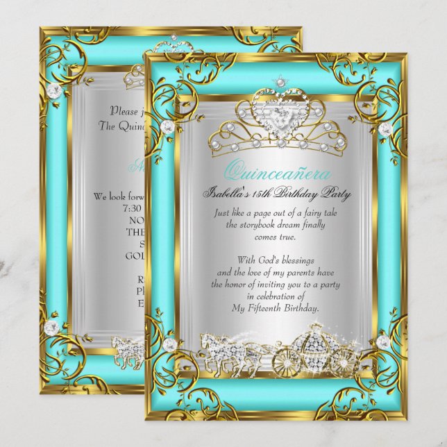 Invitation Princesse Quinceanera 15e anniversaire Aqua Turquo (Devant / Derrière)
