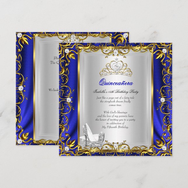Invitation Princesse Quinceanera 15e anniversaire Blue Royal (Devant / Derrière)