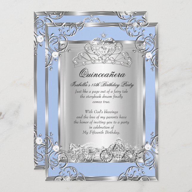 Invitation Princesse Quinceanera 15e anniversaire Blue Silver (Devant / Derrière)