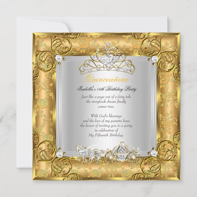 Invitation Princesse Quinceanera 15e anniversaire Gold Damask (Devant)