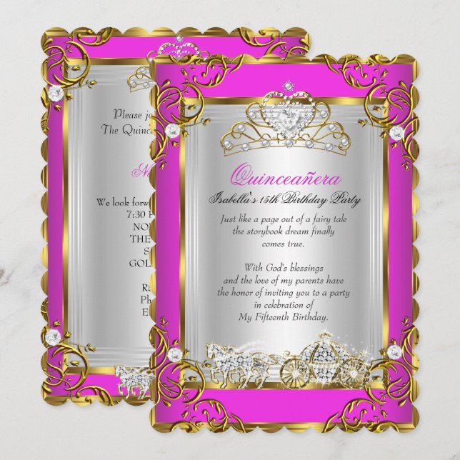 Invitation Princesse Quinceanera 15e anniversaire Hot rose (Devant / Derrière)