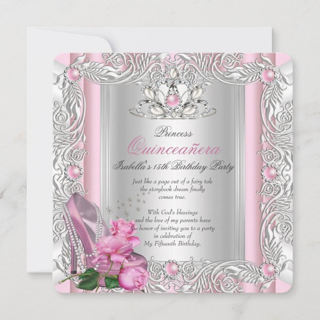 Invitation Princesse Quinceanera 15e anniversaire Rose rose (Devant)