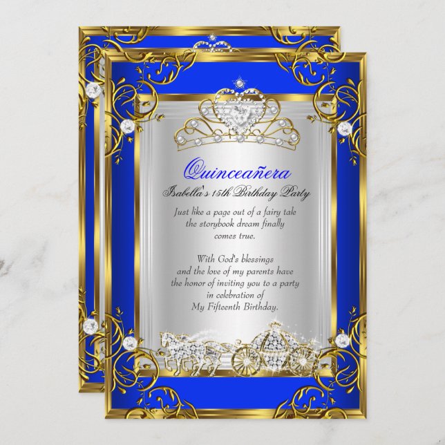 Invitation Princesse Quinceanera 15e anniversaire Royal Blue  (Devant / Derrière)