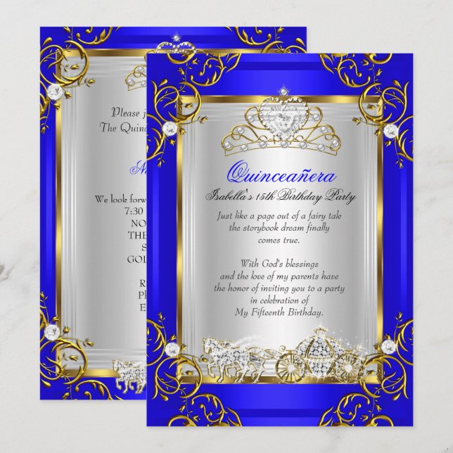 Invitation Princesse Quinceanera 15e anniversaire Royal Blue (Devant / Derrière)