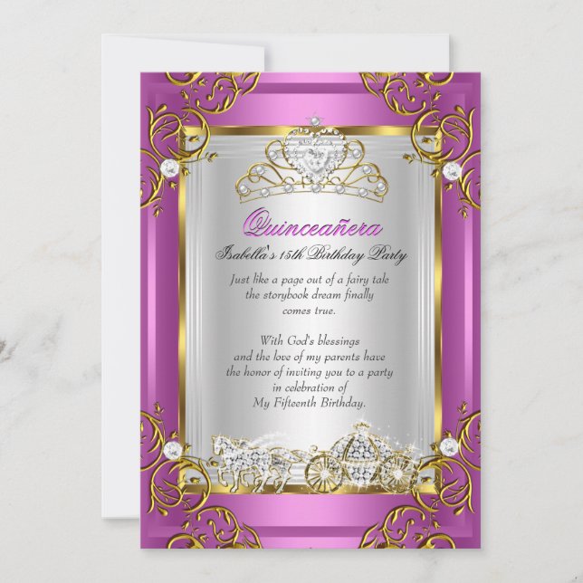 Invitation Princesse Quinceanera 15e anniversaire Royal Pink (Devant)