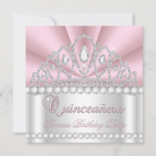 Invitation Princesse Quinceanera 15e Gem Diamant Blanc Rose (Devant)