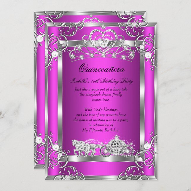 Invitation Princesse Quinceanera 15e Parti Pink Silver (Devant / Derrière)