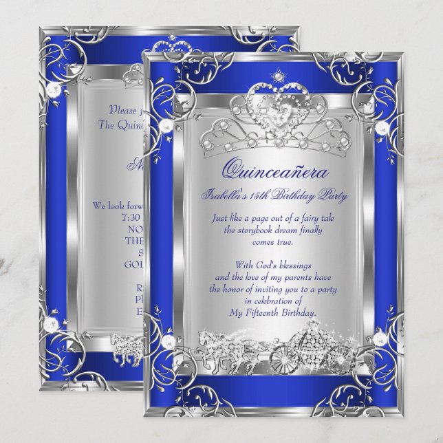 Invitation Princesse Quinceanera 15e partie Deep Blue Silver (Devant / Derrière)