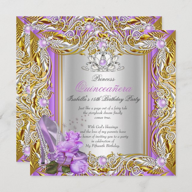 Invitation Princesse Quinceanera Anniversaire Purple Rose Gol (Devant / Derrière)