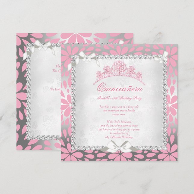 Invitation Princesse Quinceanera Anniversaire rose fleuri (Devant / Derrière)