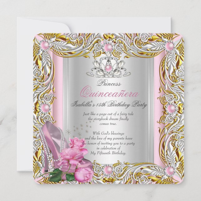 Invitation Princesse Quinceanera Anniversaire Rose Or (Devant)