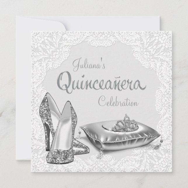 Invitation Princesse Quinceañera Argent et Blanc (Devant)
