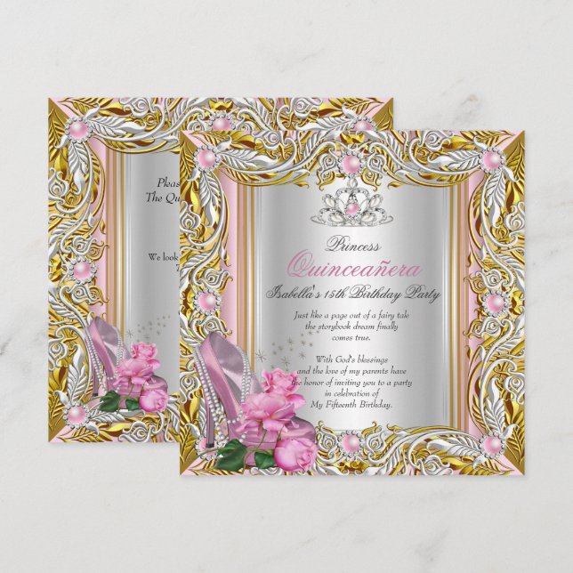 Invitation Princesse Quinceanera Argent Or Rose Doré (Devant / Derrière)