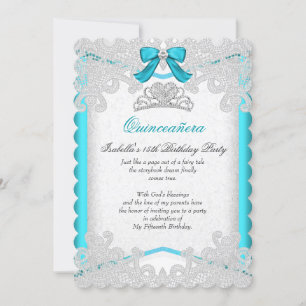 Invitation Princesse Quinceanera Bleu Canard Dentelle Fête d'