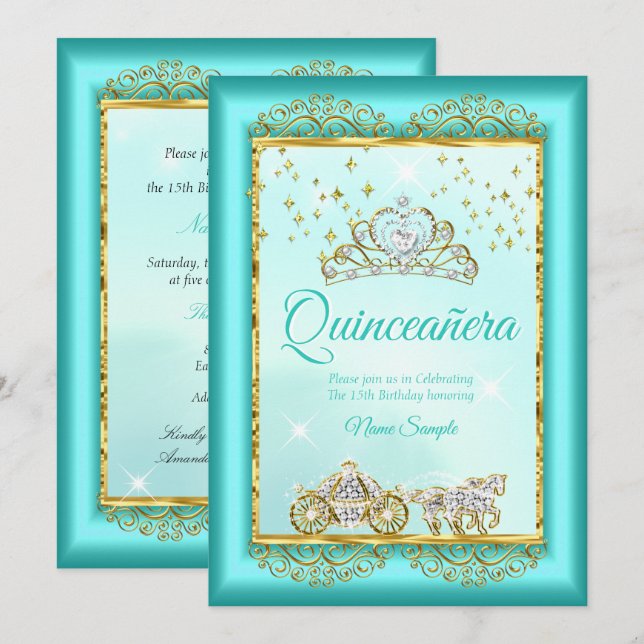 Invitation Princesse Quinceañera Bleu sarcelle Or conte de fé (Devant / Derrière)