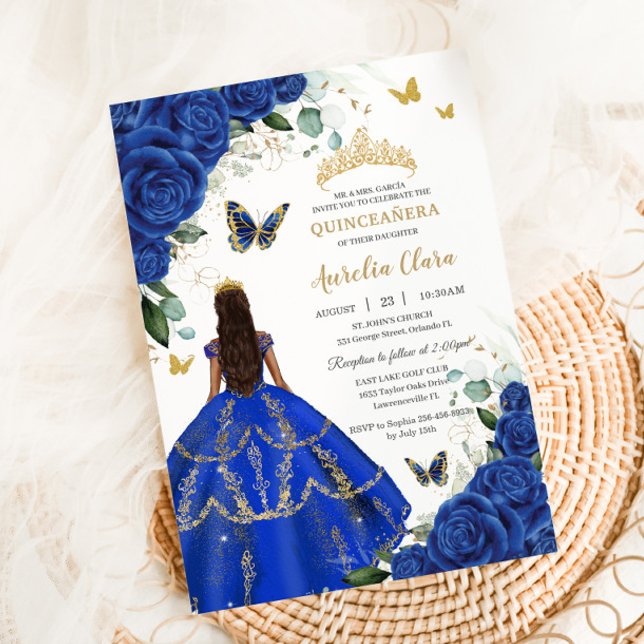 Invitation Princesse Quinceañera Bleue Royale Rose Robe Or (Créateur téléchargé)