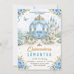 Invitation Princesse Quinceañera Carrosse Fleurie Bleu Or