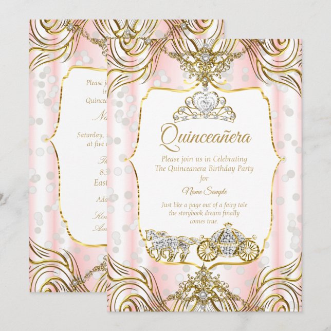 Invitation Princesse Quinceanera chariot or rose blanc (Devant / Derrière)