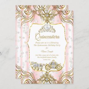 Invitation Princesse Quinceanera chariot or rose blanc
